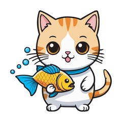 Cute Cat Hanging On Fish Cartoon Vector Icon Illustration Animal Food Icon Concept Isolated Flat. Cute cat holding fish cartoon illustration. A cute cat with a fish