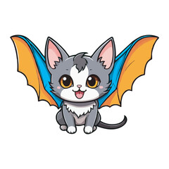 Obraz premium Cute Chibi White Bat with Wings and Big Eyes Adorable Cartoon Illustration. Adorable White Bat Cat Hybrid with Blue Wings Cute Cartoon Illustration on white background