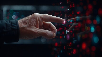 A detailed close-up of executive's hand gesturing at glowing holographic business dashboard