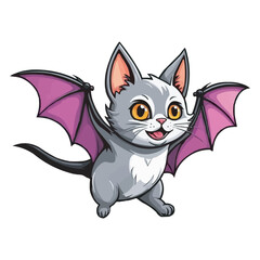 Cute Chibi White Bat with Wings and Big Eyes Adorable Cartoon Illustration. Adorable White Bat Cat Hybrid with Blue Wings Cute Cartoon Illustration on white background
