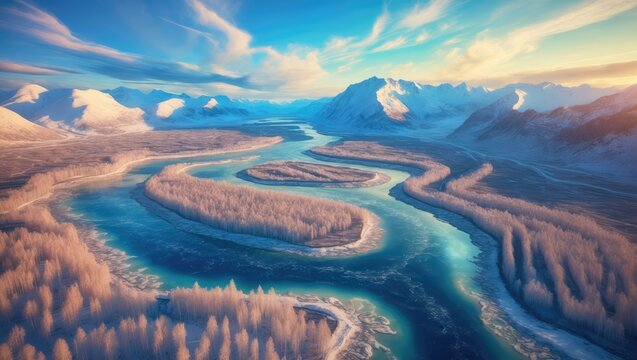 Aerial view of the glacial river delta valley featuring meanders, lakes, mountains, and birch trees.