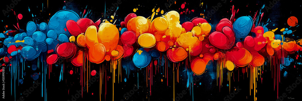 Poster abstract color burst: artistic expression of colorful spheres in an explosion of drips on dark canva