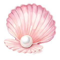A watercolor illustration of a pink seashell with a white pearl inside on a transparent background