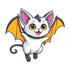 Fototapeta premium Cute Chibi White Bat with Wings and Big Eyes Adorable Cartoon Illustration. Adorable White Bat Cat Hybrid with Blue Wings Cute Cartoon Illustration on white background