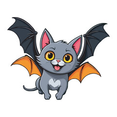 Cute Chibi White Bat with Wings and Big Eyes Adorable Cartoon Illustration. Adorable White Bat Cat Hybrid with Blue Wings Cute Cartoon Illustration on white background