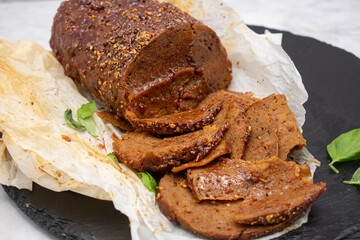 Pastrami seitan, vegan meat alternative