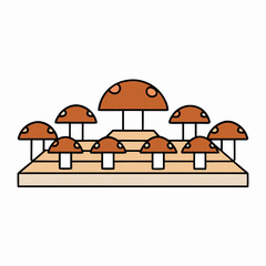 vector graphic depicting a mushroom farm with rows of mushroom beds