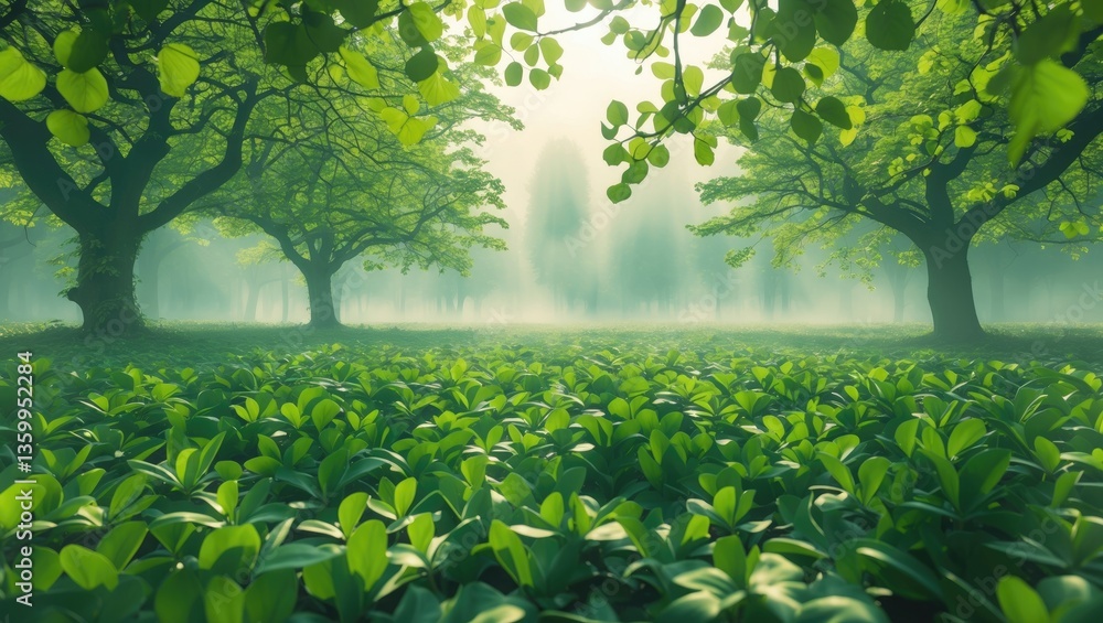 Poster backdrop of spring featuring green tree leaves set against a hazy background.