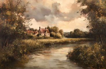 Rustic Riverside Retreat: A picturesque painting capturing a quaint cottage nestled amidst a serene riverside setting, embraced by nature's beauty and tranquility.