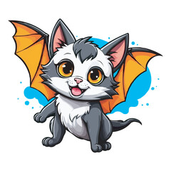 Cute Chibi White Bat with Wings and Big Eyes Adorable Cartoon Illustration. Adorable White Bat Cat Hybrid with Blue Wings Cute Cartoon Illustration on white background