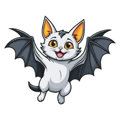 Cute Chibi White Bat with Wings and Big Eyes Adorable Cartoon Illustration. Adorable White Bat Cat Hybrid with Blue Wings Cute Cartoon Illustration on white background