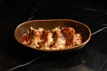 Gourmet Pan-Fried Gyoza with Spicy Sauce – Japanese Cuisine on Black Marble