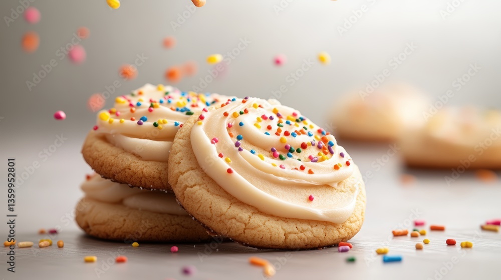 Poster stacked frosted sugar cookies with colorful sprinkles on a gray surface surrounded by scattered spri