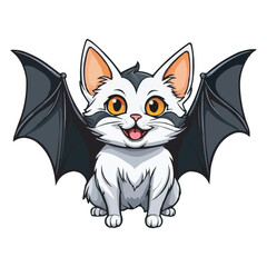 Obraz premium Cute Chibi White Bat with Wings and Big Eyes Adorable Cartoon Illustration. Adorable White Bat Cat Hybrid with Blue Wings Cute Cartoon Illustration on white background