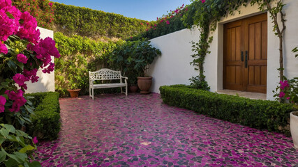 Obraz premium Charming outdoor patio with vibrant flowers and natural stone pathways in a sunny garden in spring