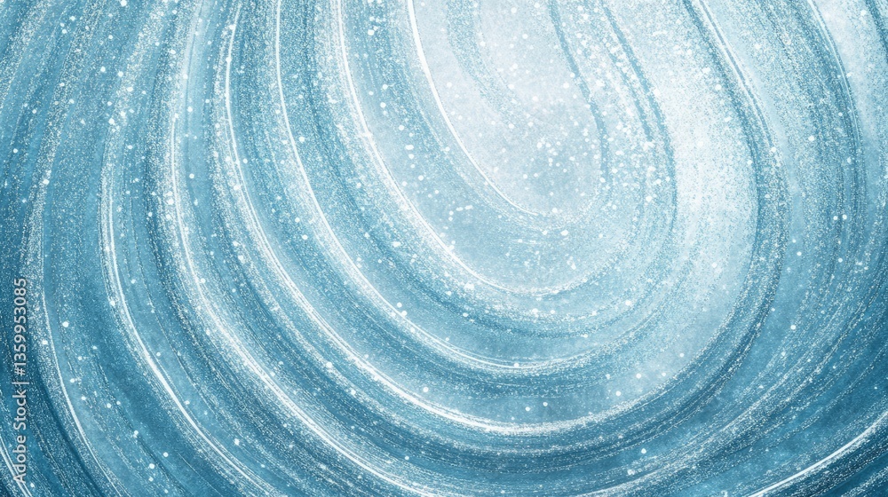 Poster abstract swirling blue and white patterns with sparkling textures, creating a serene and calming bac