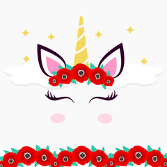 Magical Unicorn Character for Children's Birthdays, Invitation Blank, No Text, Vector Illustration, Poppy Flowers