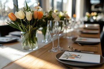 A festive spring table setting expertly arranged with elegant floral arrangements and fine dinnerware that evokes joy and warmth for special gatherings and celebrations.