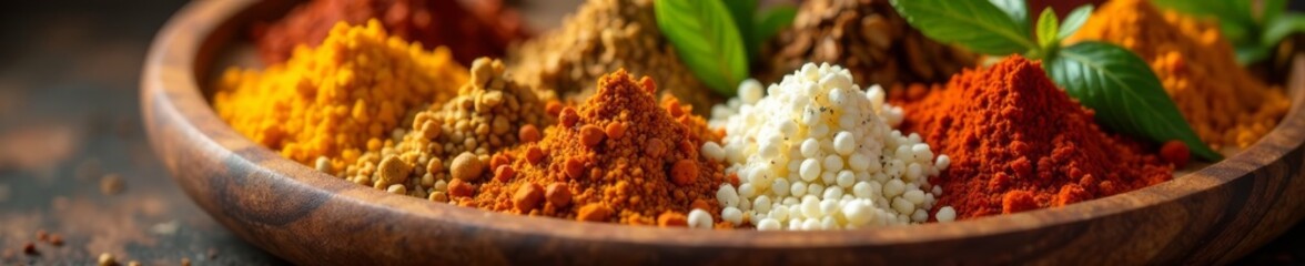 Close-up of Indian spices arranged artfully on a wooden platter, aromatics, colorful spices