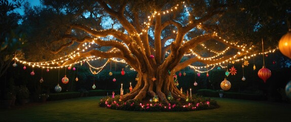 Fototapeta premium Tree adorned with lights hanging from its branches and decorative ornaments to illuminate the night in the garden.