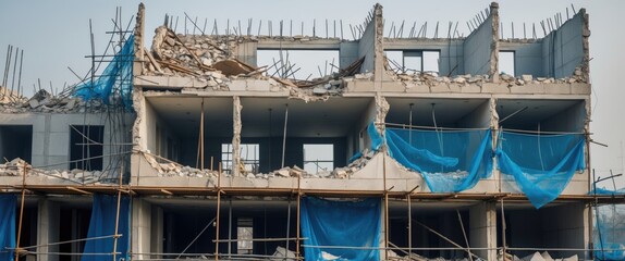 Fototapeta premium Urban environment. Dismantling of a structure. Debris of building under demolition. Industry.