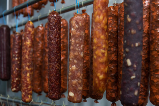 Various types of cured sausages hanging in a traditional meat shop - Powered by Adobe