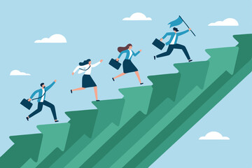 Sustainable growth, long term success or growing business with winning strategy, improvement or steps to team success, productivity concept, business people employee step up sustained growth arrow.