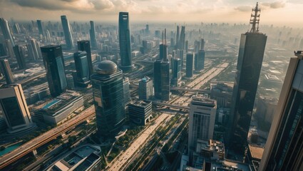 Naklejka premium Aerial view from a flying drone of a city featuring development buildings, transportation, and energy power infrastructure. Financial and business centers in an advanced region.