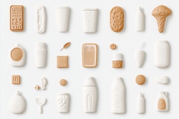 Obraz premium Assorted food and drink items in pastel beige and white