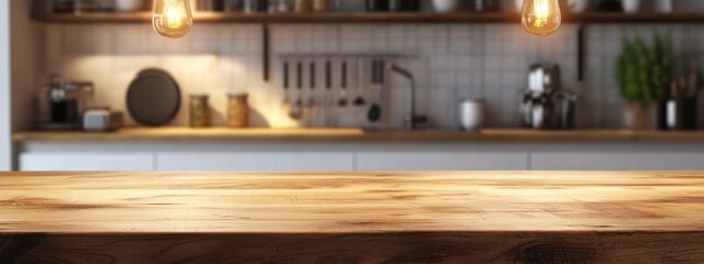 Warm wooden countertop illuminated by hanging lights in a cozy kitchen setting at dusk