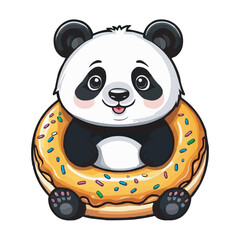Cute Panda with Donut Vector Illustration cartoon cute panda vector design climbing and hugging a big donut. Kawaii Panda in Donut Vector Illustration, Cute Animal Design on white background