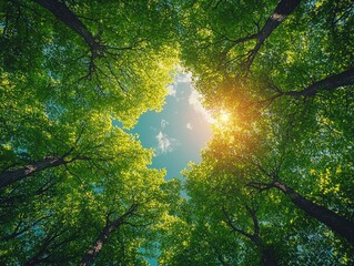 Lush forest canopy, sunlight through leaves