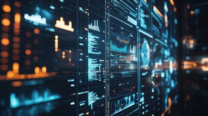 Futuristic Technology Data Visualization Interface with Glowing Blue and Orange Elements