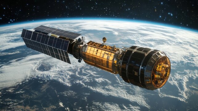 Orbital spacecraft equipped with solar panels and scientific instruments floating in low Earth orbit above the planet's surface