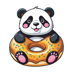 Fototapeta premium Cute Panda with Donut Vector Illustration cartoon cute panda vector design climbing and hugging a big donut. Kawaii Panda in Donut Vector Illustration, Cute Animal Design on white background
