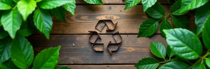 Eco-friendly recycling symbol in wooden desk surrounded by lush green plants and leaves, greenplants, modernoffice