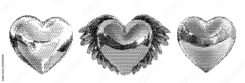 Poster grunge pixelated heart set with chrome and halftone textures. retro y2k aesthetic with cosmic and fu