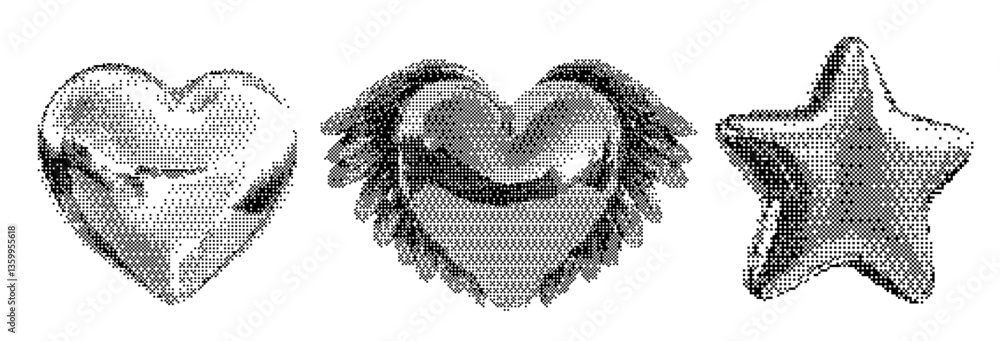 Poster grunge bitmap heart set with chrome and halftone textures. retro y2k aesthetic with cosmic stars, vi