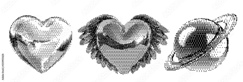 Poster Cosmic planet set featuring Mars and Saturn with grunge bitmap hearts and chrome textures. Retro Y2K aesthetic with halftone stars, glitch effects, and vintage tattoo-style vector stickers
