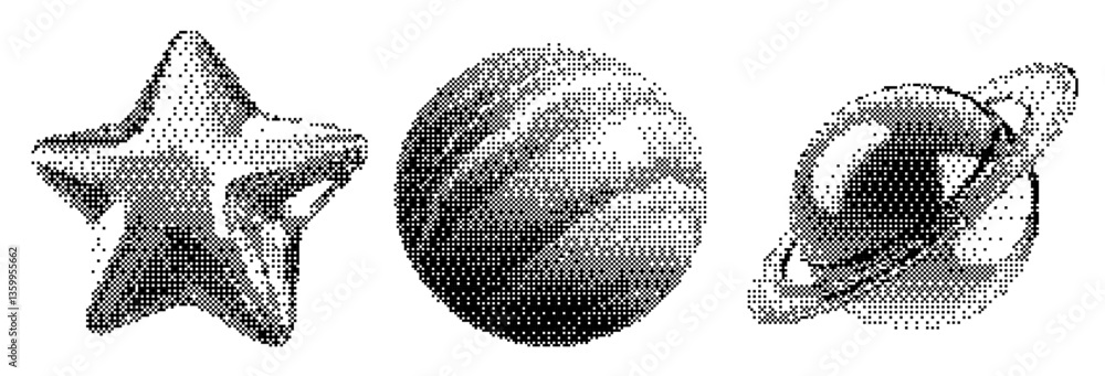 Fototapete grunge bitmap hearts and chrome texture star on a planet mars saturn space background