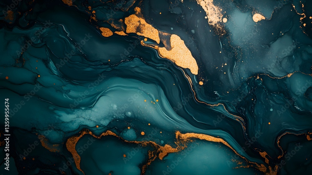Poster flowing teal and gold abstract background creating a luxurious texture design
