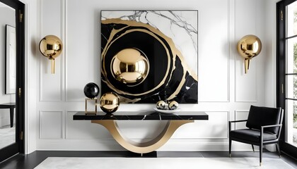 Sleek Modern Interior with Black-and-Gold Abstract Art and Floating Glass Console