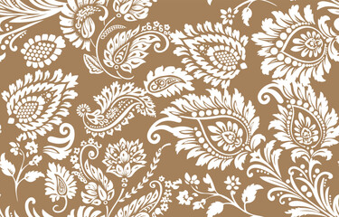 Abstract Paisley Traditional Scribble Style Hand Drawn Ikat Seamless Vector Pattern Trendy Fashion Colors Perfect for Allover Fabric Print or Wall Paper Damask Ethnic Concept Bright Orange White Tones