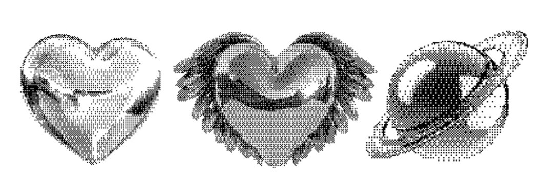Cosmic planet set featuring Mars and Saturn with grunge bitmap hearts and chrome textures. Retro Y2K aesthetic with halftone stars, glitch effects, and vintage tattoo-style vector stickers