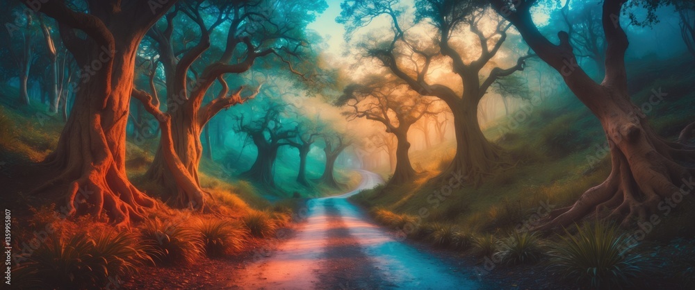 Poster abstract background of journey and route through the trees and beautiful nature.