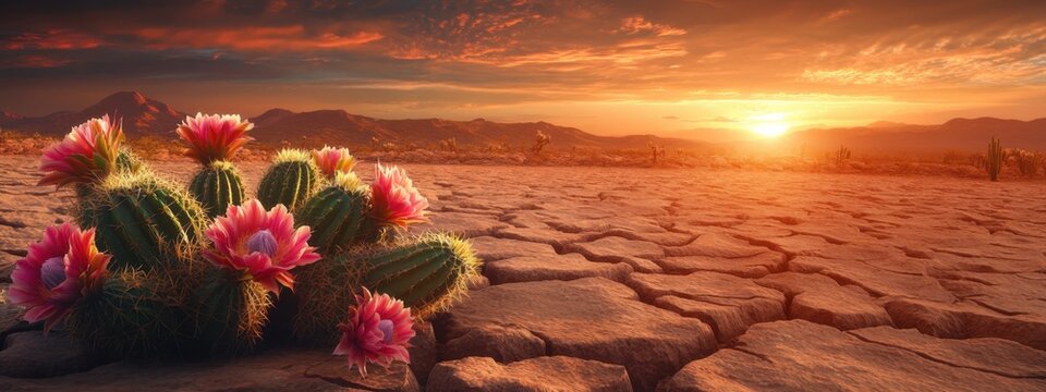 Cactuses bloom with vibrant flowers in a sunset landscape over a dry, cracked terrain - Powered by Adobe