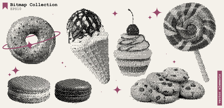 WebSweet Retro Candy Collage Bitmap Art Featuring Colorful Cookies Ice Cream Muffins Macaroons and Cherry Chocolate With Vintage Halftone Texture and Punk Disco Aesthetic