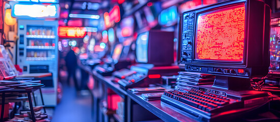 Vintage computer displaying red code in retro arcade setting