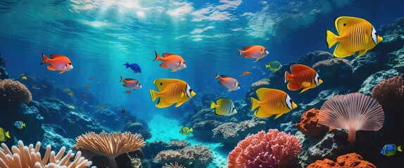 Tropical sea underwater fish on coral reef. Colorful marine panorama landscape of aquarium wildlife for snorkeling and diving.