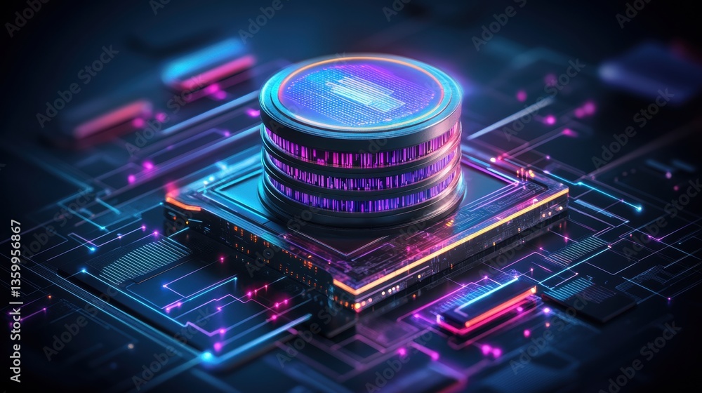 Aufkleber a stylized digital rende of cylindrical data disks on a neon circuit board conveys advanced data tec